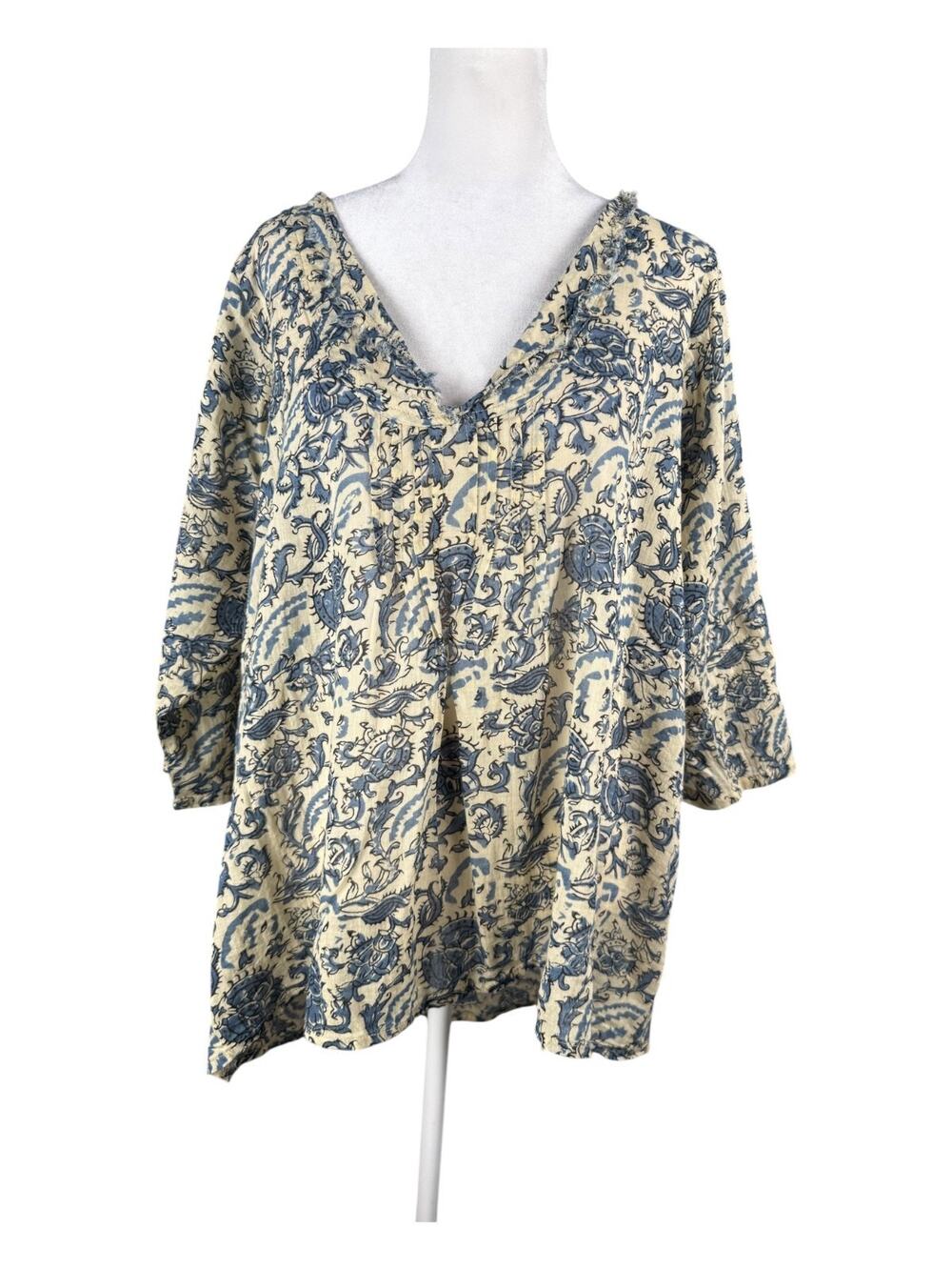 Natural Life S/M Peasant Top Tunic 100% Cotton Pleated Fringed V-neck Beige Blue